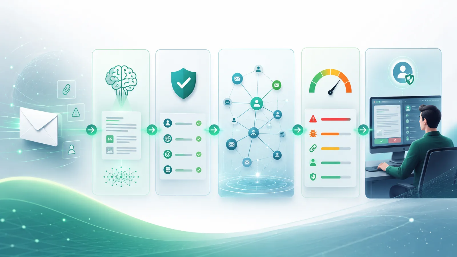 MailGuard workflow from incoming email through semantic analysis, identity verification, relationship context, risk score, and analyst decision